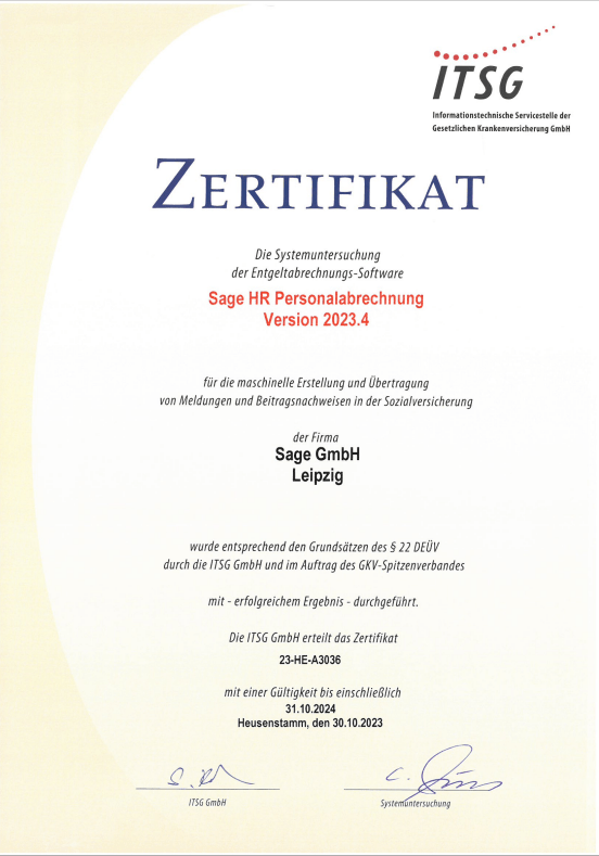 Sage HR Suite ITSG Zertifikat