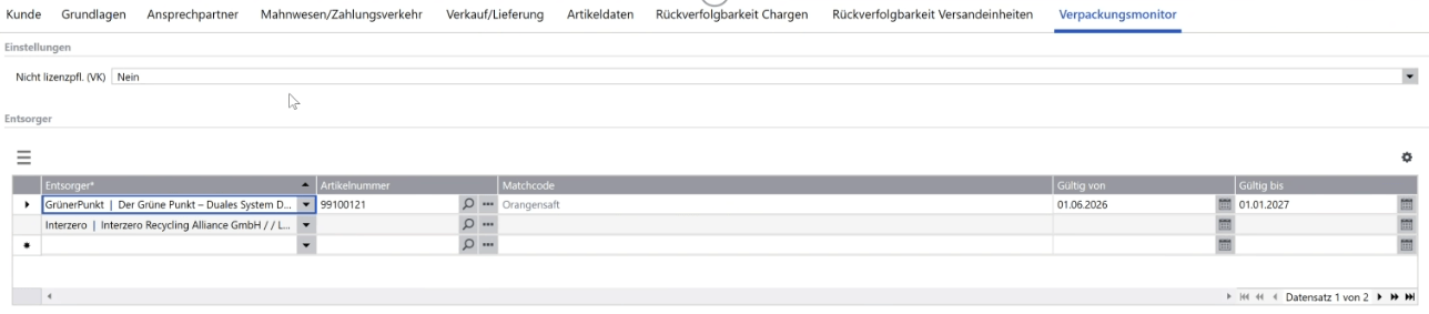 Sage 100 Verpackungsmonitor mit Entsorgerzuordnung und Gültigkeitszeiträumen im Kundenstamm