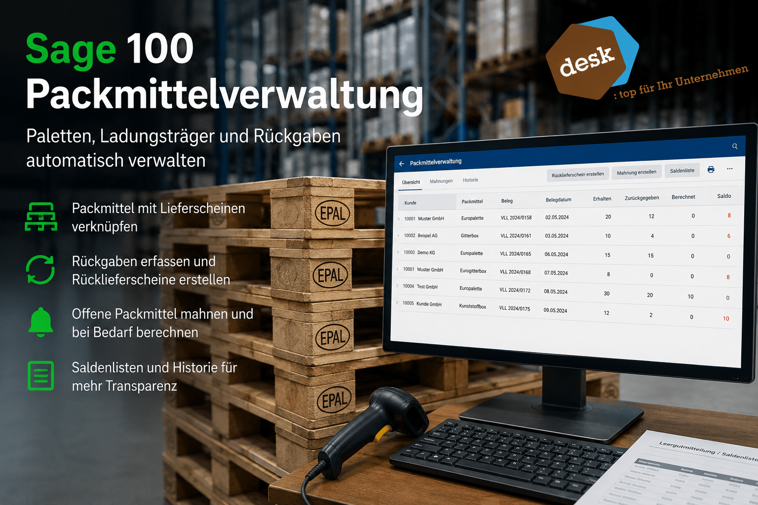 Sage 100 Packmittelverwaltung: Paletten, Ladungsträger und Rückgaben automatisch verwalten